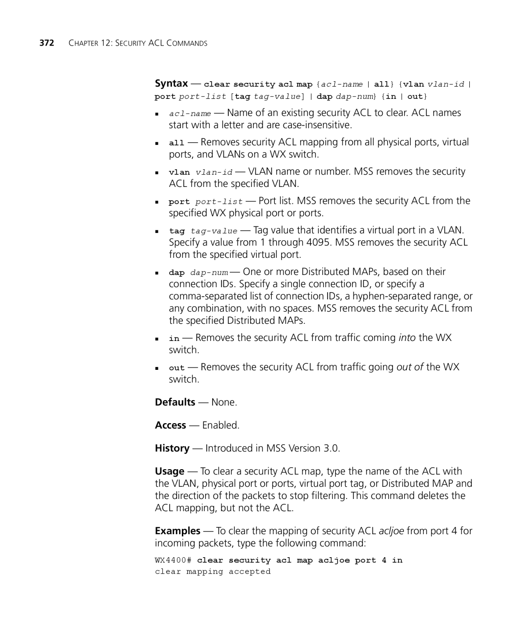 3Com 3CRWX440095A, 3CRWX120695A manual Syntax clear security acl map acl-nameall vlan vlan-id 
