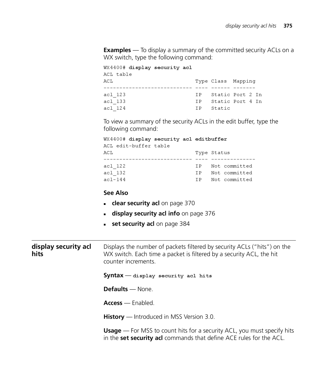 3Com 3CRWX120695A, 3CRWX440095A manual WX4400# display security acl editbuffer, Syntax display security acl hits 