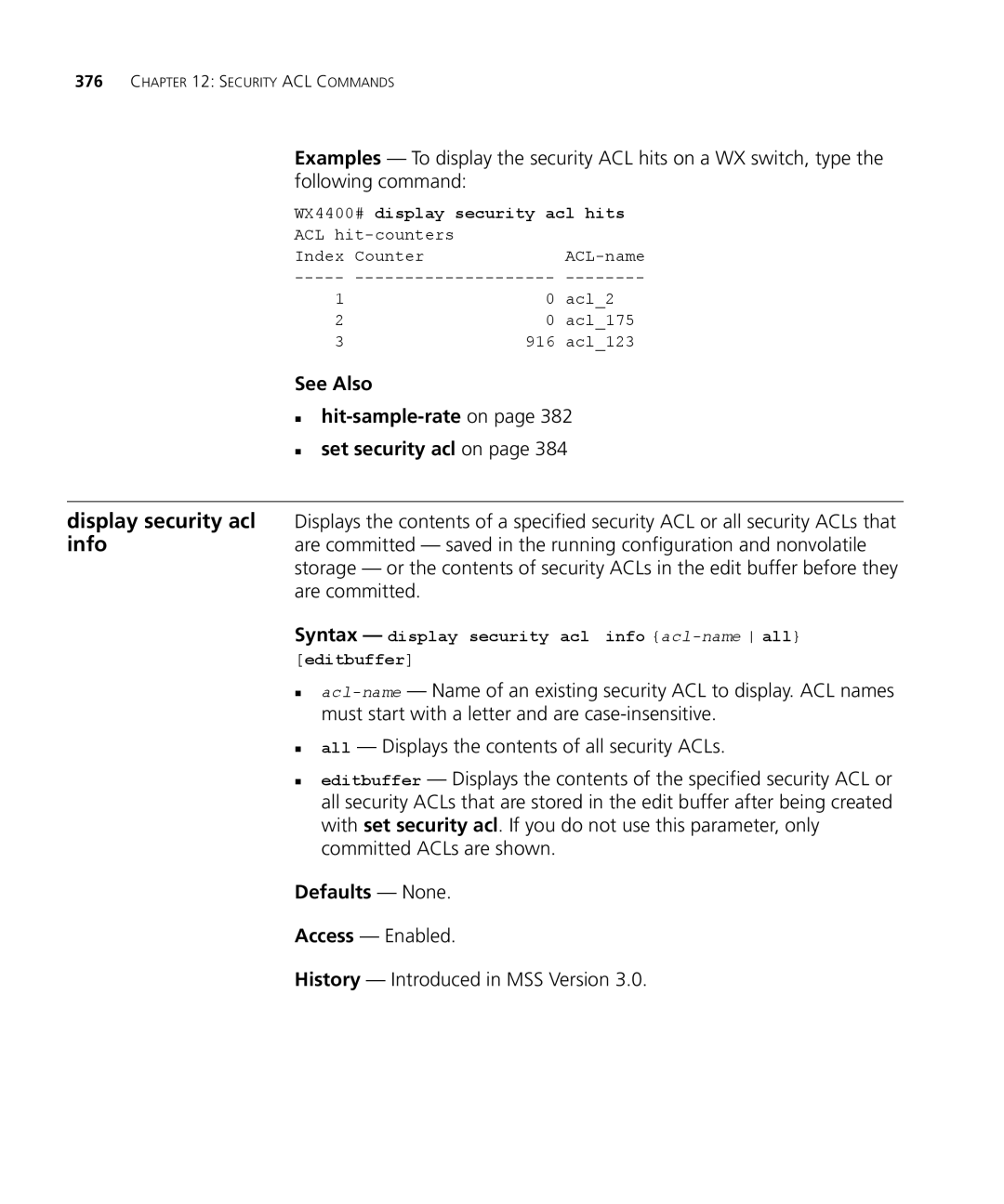 3Com 3CRWX440095A, 3CRWX120695A manual See Also „ hit-sample-rateon „ set security acl on, WX4400# display security acl hits 