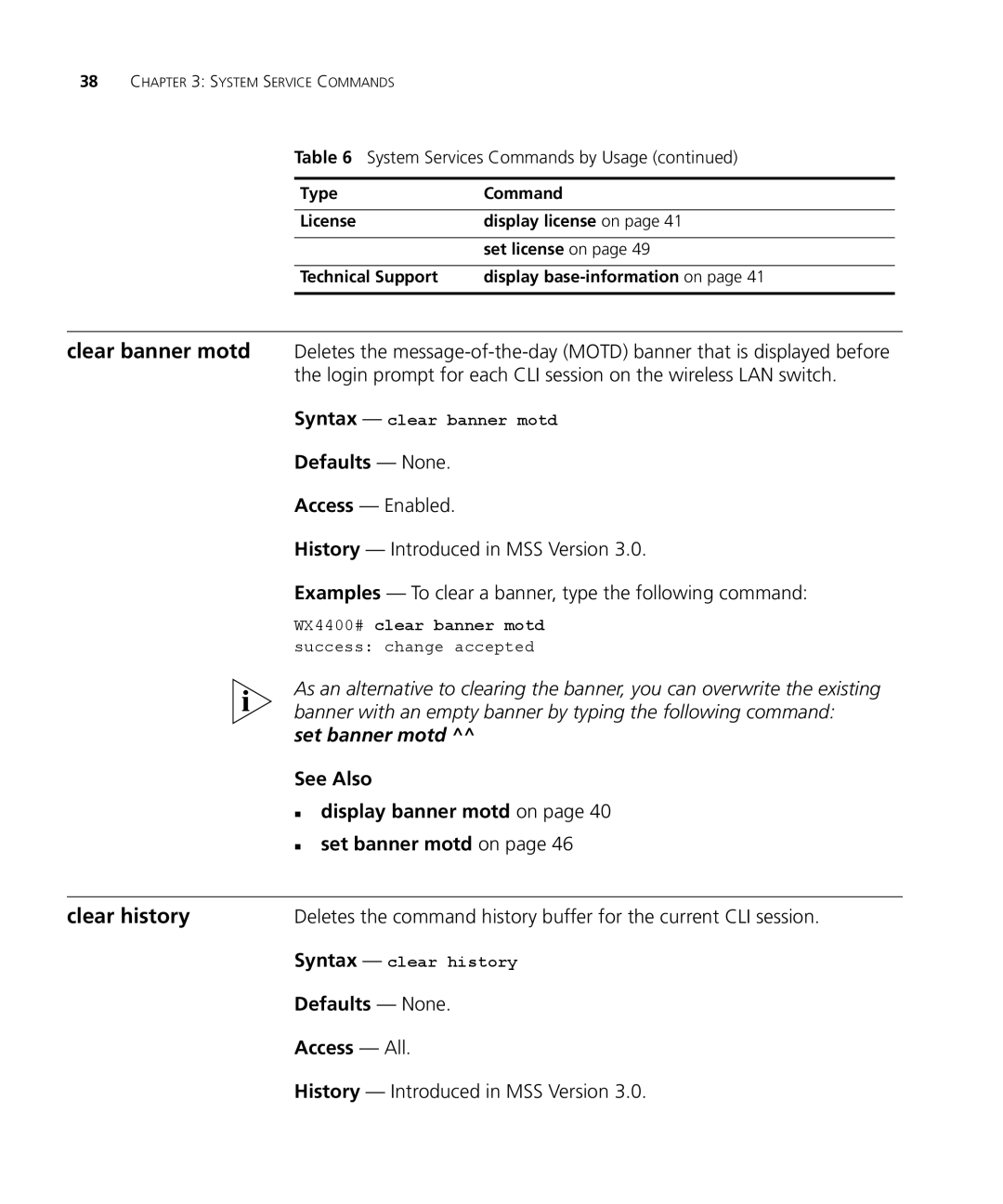 3Com 3CRWX440095A manual Clear banner motd, Clear history, Banner with an empty banner by typing the following command 