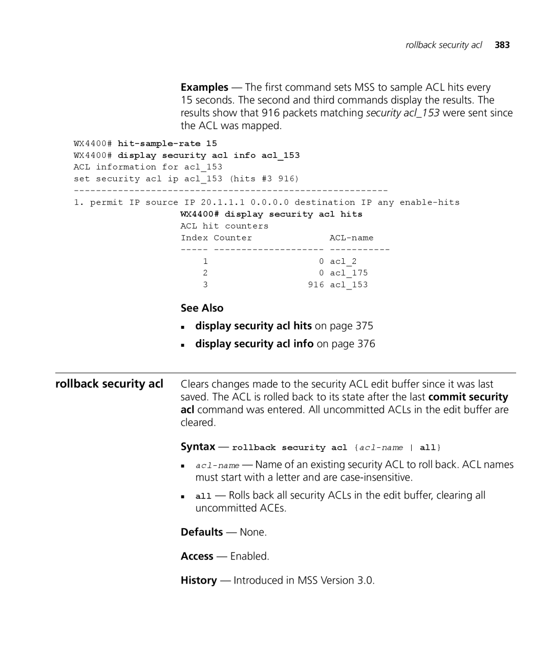 3Com 3CRWX120695A, 3CRWX440095A manual WX4400# display security acl hits, Syntax rollback security acl acl-nameall 
