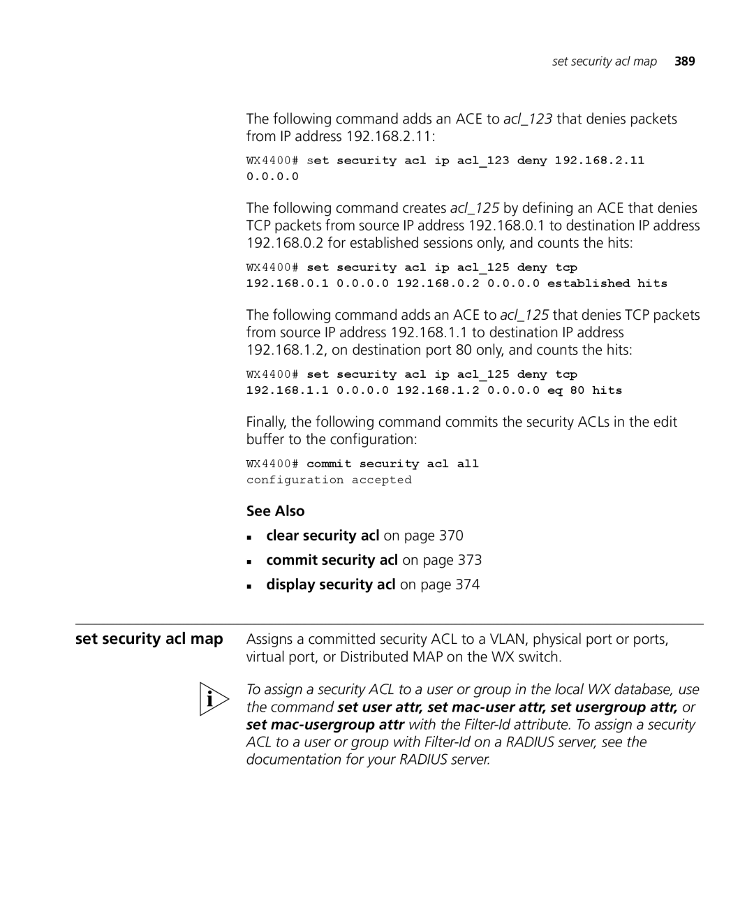 3Com 3CRWX120695A, 3CRWX440095A manual WX4400# set security acl ip acl123 deny 192.168.2.11 