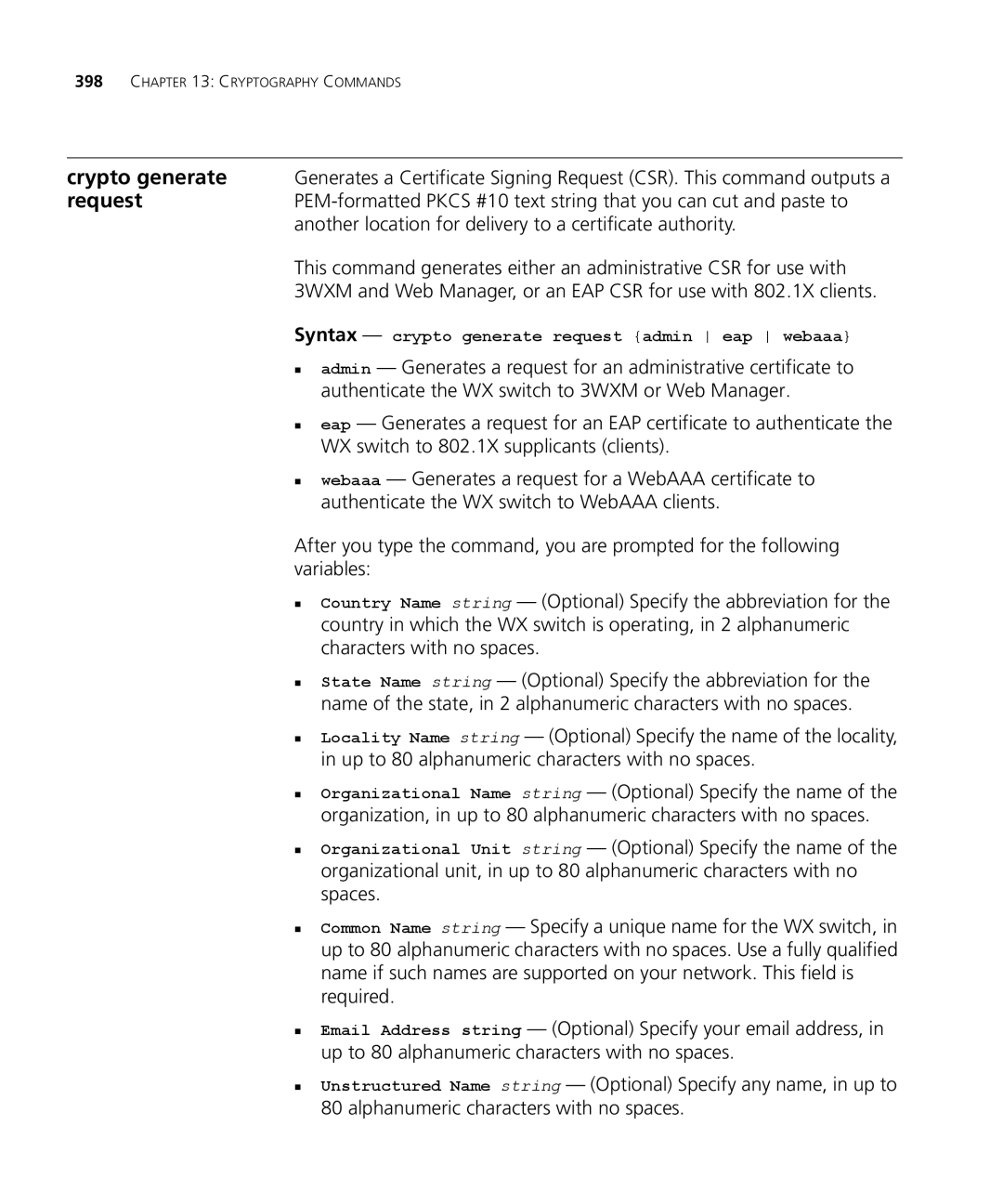 3Com 3CRWX440095A, 3CRWX120695A manual Syntax crypto generate request admin eap webaaa 