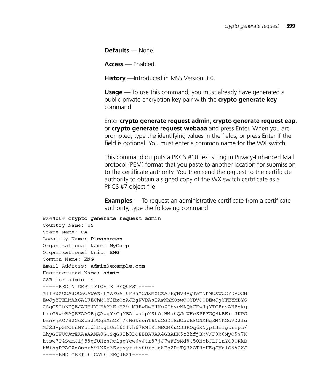 3Com 3CRWX120695A, 3CRWX440095A manual WX4400# crypto generate request admin, Email Address admin@example.com 