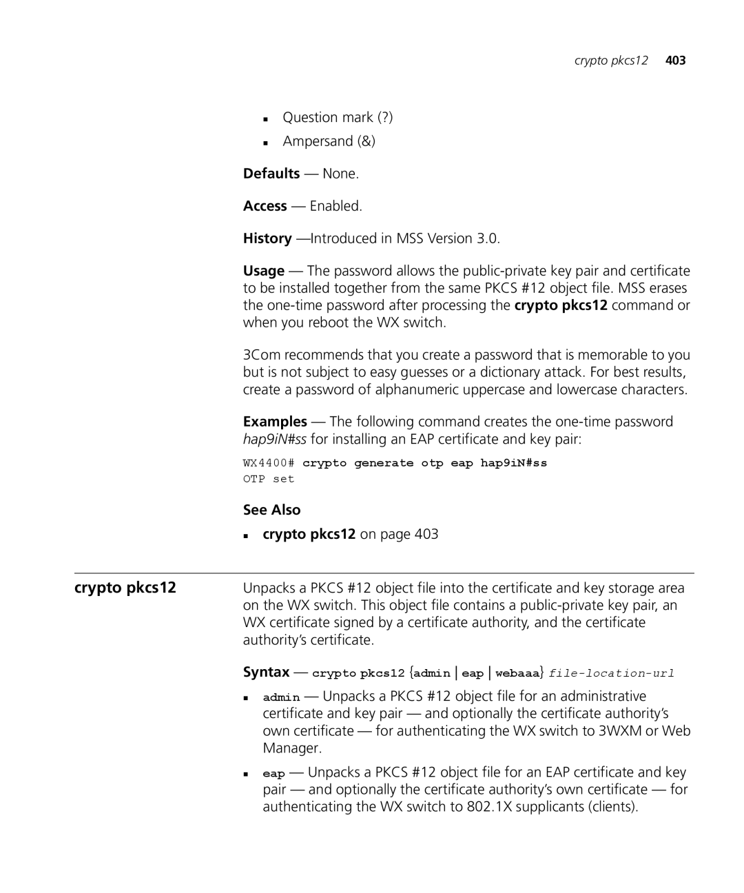 3Com 3CRWX120695A, 3CRWX440095A manual Crypto pkcs12, „ crypto pkcs12 on 