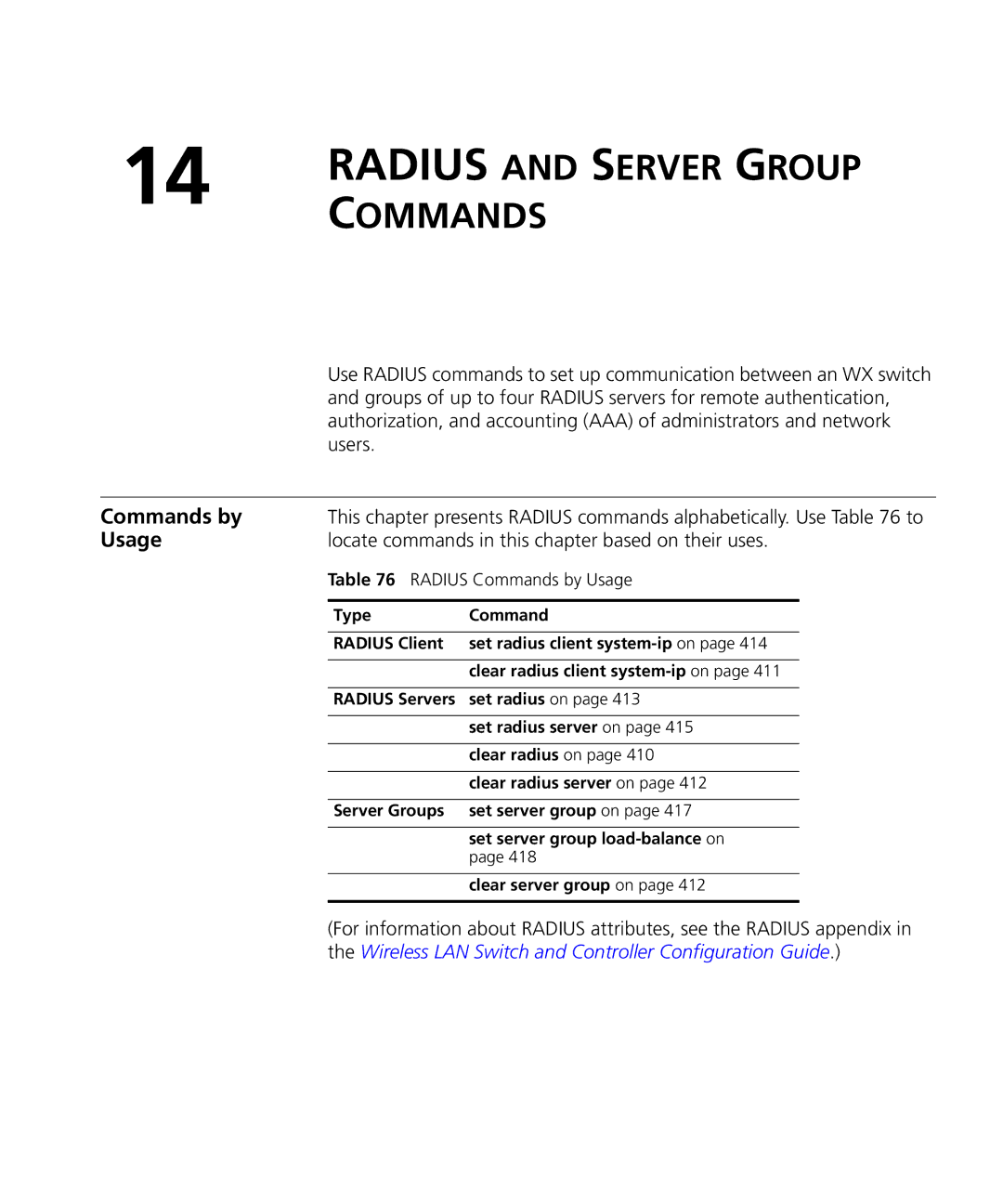 3Com 3CRWX120695A, 3CRWX440095A manual Locate commands in this chapter based on their uses, Radius Commands by Usage 