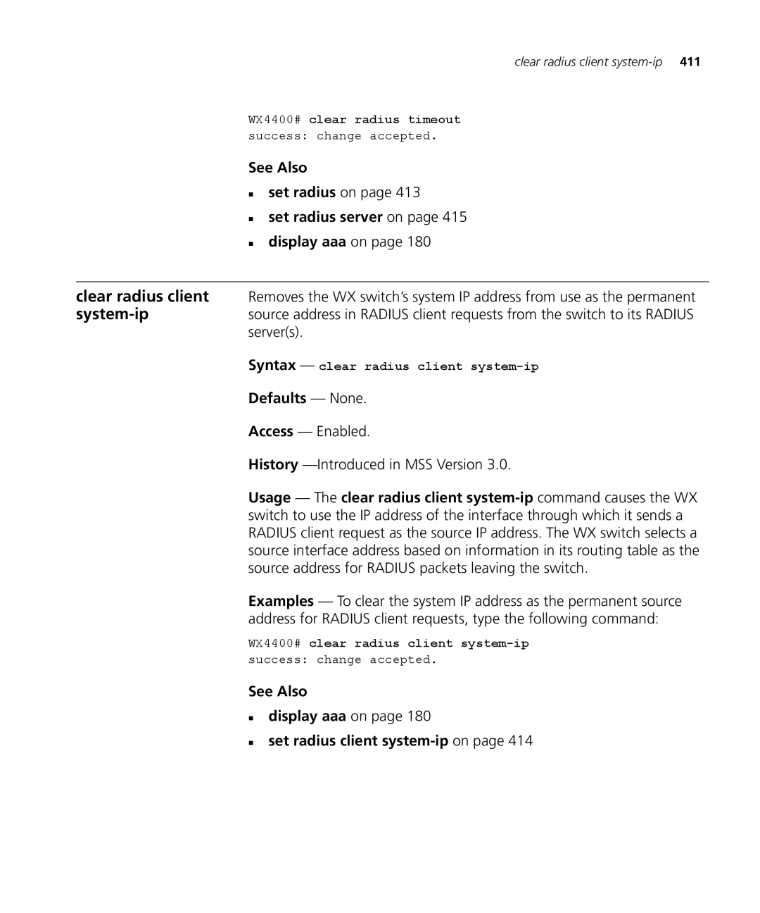 3Com 3CRWX120695A manual See Also „ display aaa on „ set radius client system-ipon, Syntax clear radius client system-ip 