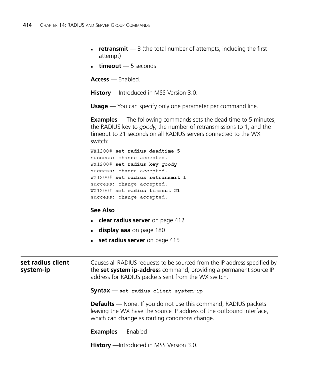 3Com 3CRWX440095A, 3CRWX120695A manual Set radius client, System-ip, „ clear radius server on 