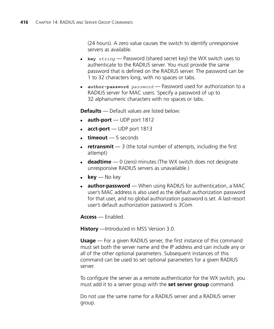 3Com 3CRWX440095A, 3CRWX120695A manual Radius and Server Group Commands 