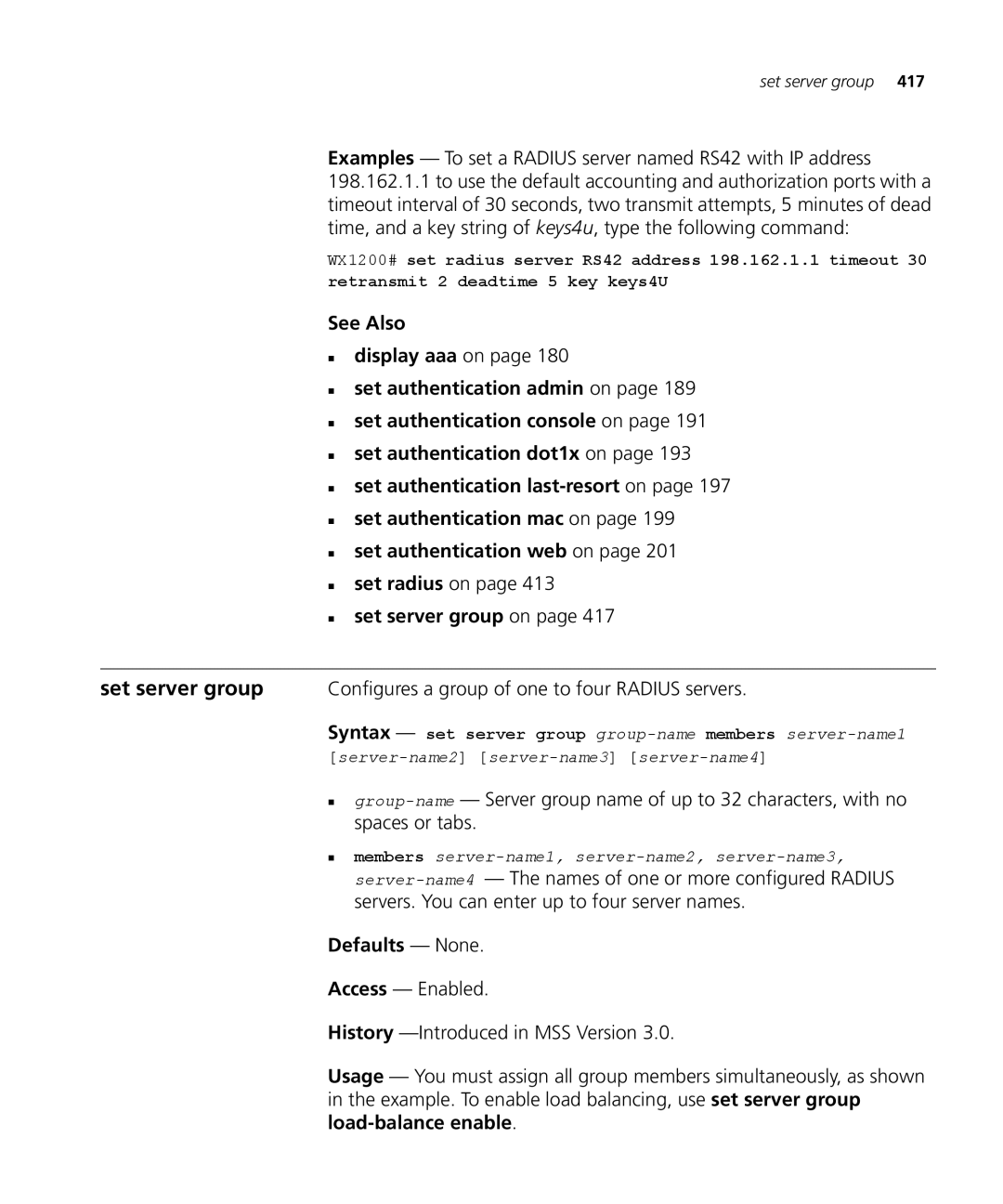 3Com 3CRWX120695A, 3CRWX440095A manual Defaults None, Syntax set server group group-namemembers server-name1 