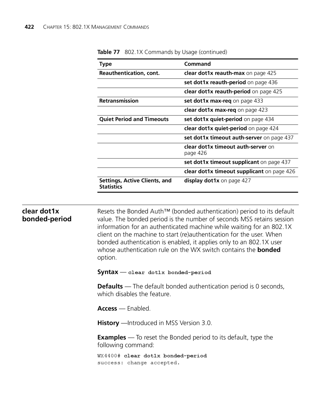 3Com 3CRWX440095A, 3CRWX120695A manual Clear dot1x, Bonded-period, Option, Which disables the feature 