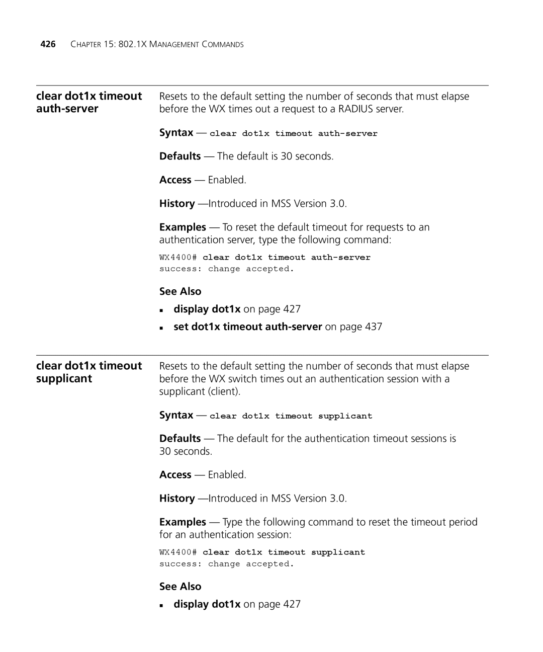 3Com 3CRWX440095A Auth-server, Before the WX times out a request to a Radius server, Defaults The default is 30 seconds 