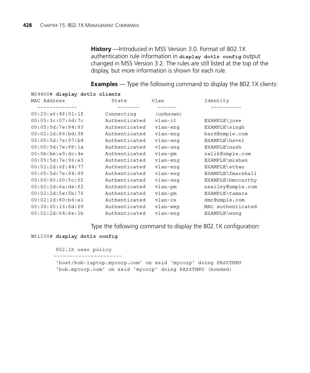 3Com 3CRWX440095A, 3CRWX120695A manual WX4400# display dot1x clients, WX1200# display dot1x config 