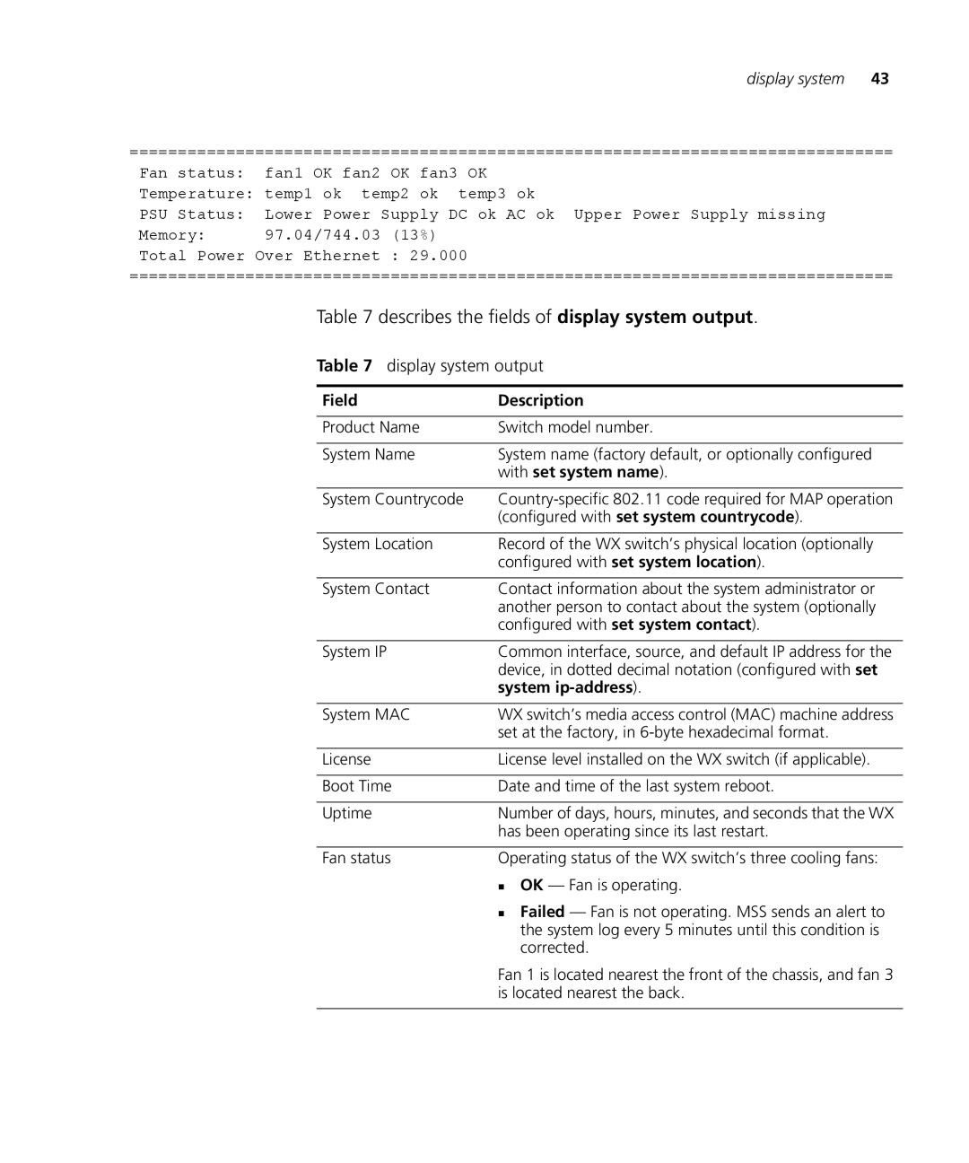 3Com 3CRWX120695A, 3CRWX440095A manual Describes the fields of display system output, Display system output 