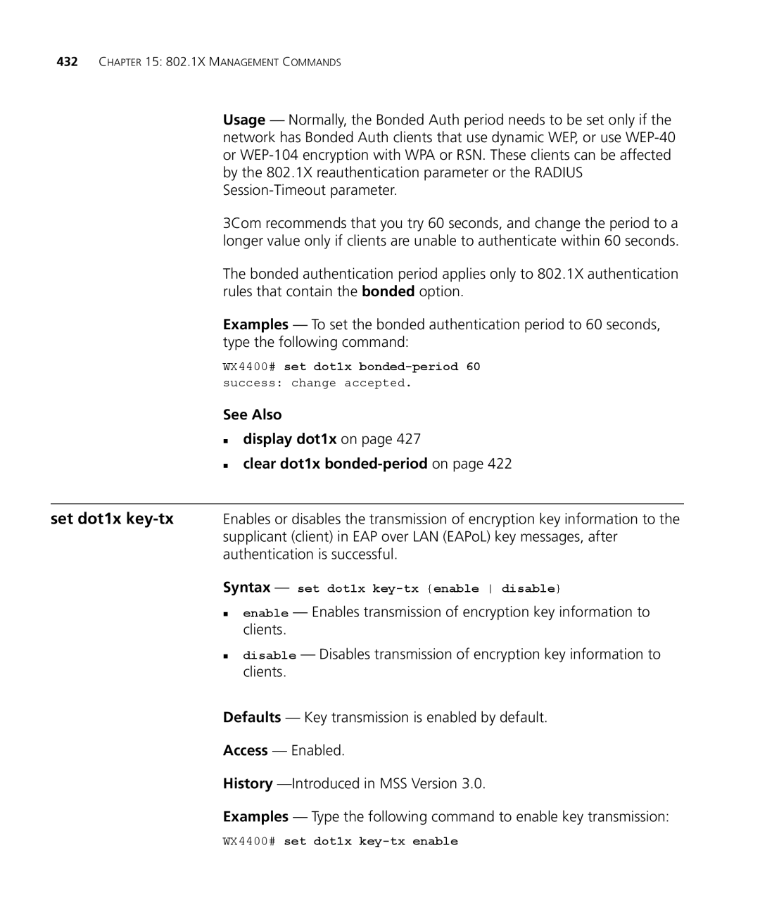 3Com 3CRWX440095A manual See Also „ display dot1x on „ clear dot1x bonded-periodon, Syntax set dot1x key-tx enable disable 