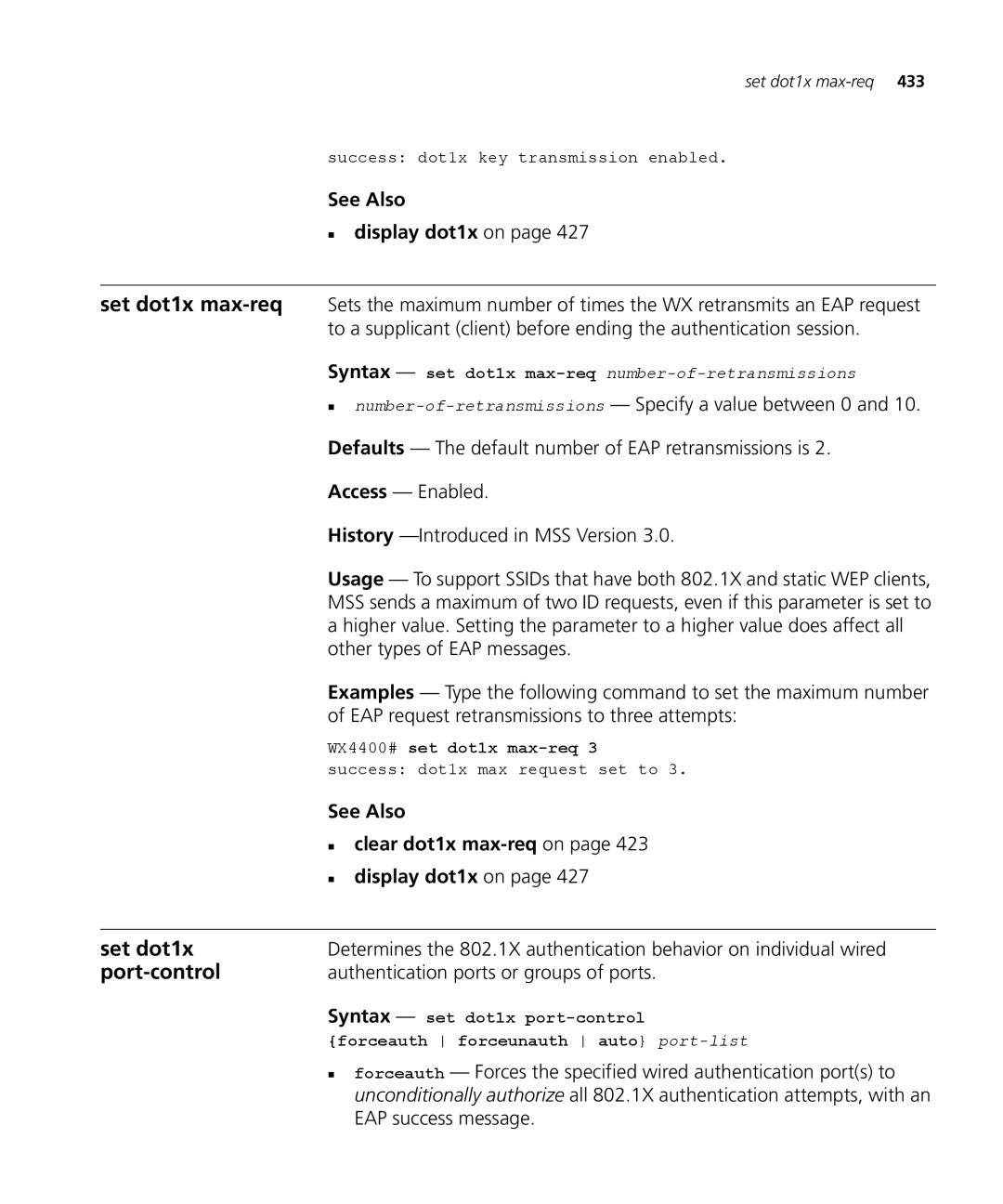 3Com 3CRWX120695A, 3CRWX440095A manual Set dot1x max-req, „ clear dot1x max-reqon 