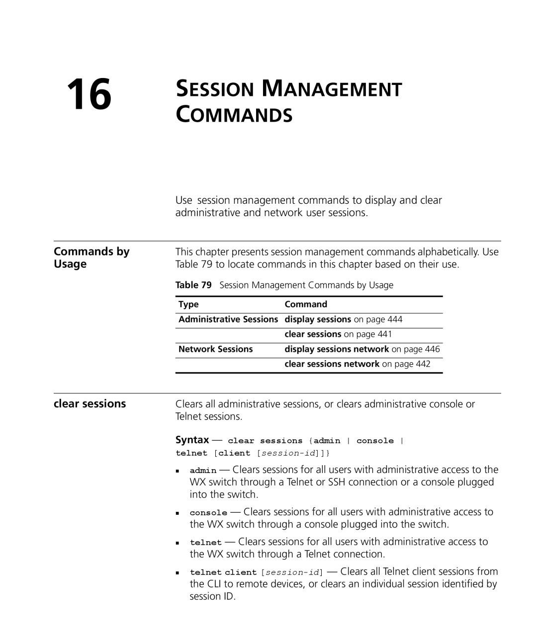 3Com 3CRWX120695A, 3CRWX440095A manual Clear sessions, Telnet sessions 