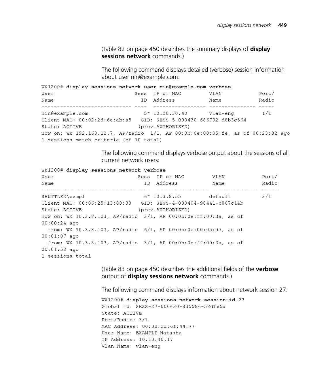 3Com 3CRWX120695A, 3CRWX440095A manual WX1200# display sessions network verbose, WX1200# display sessions network session-id 