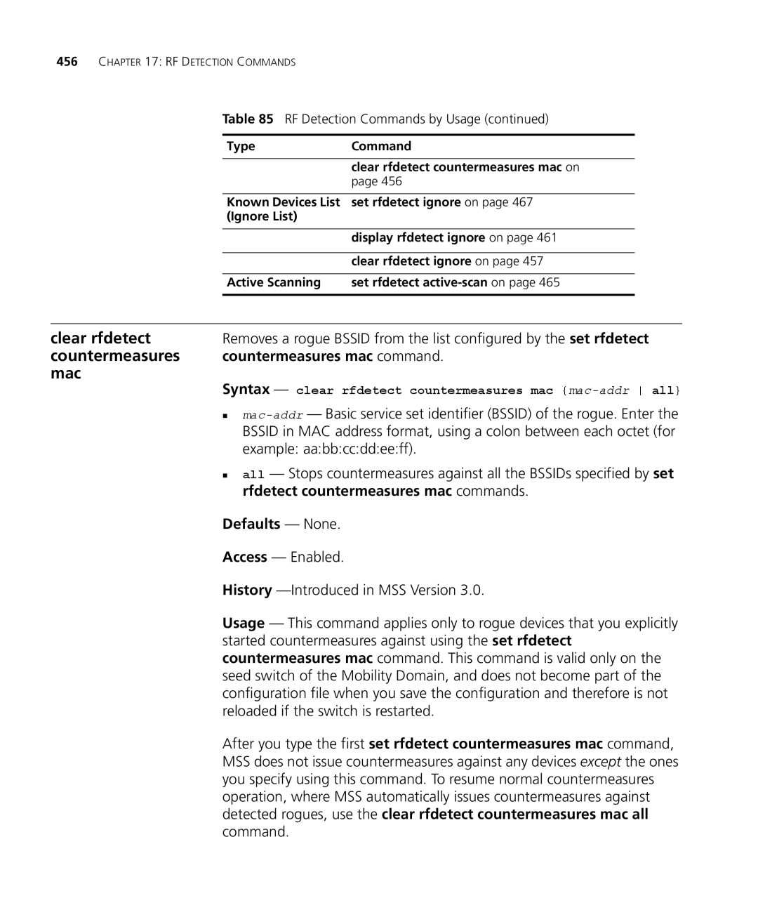 3Com 3CRWX440095A manual Clear rfdetect, Mac, Countermeasures mac command, Rfdetect countermeasures mac commands 