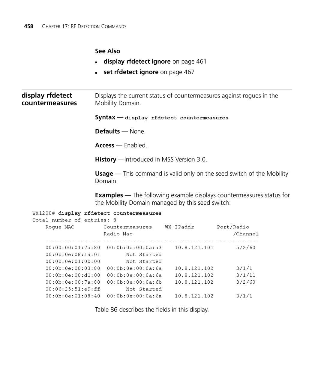 3Com 3CRWX440095A, 3CRWX120695A manual Display rfdetect, Mobility Domain, Syntax display rfdetect countermeasures 