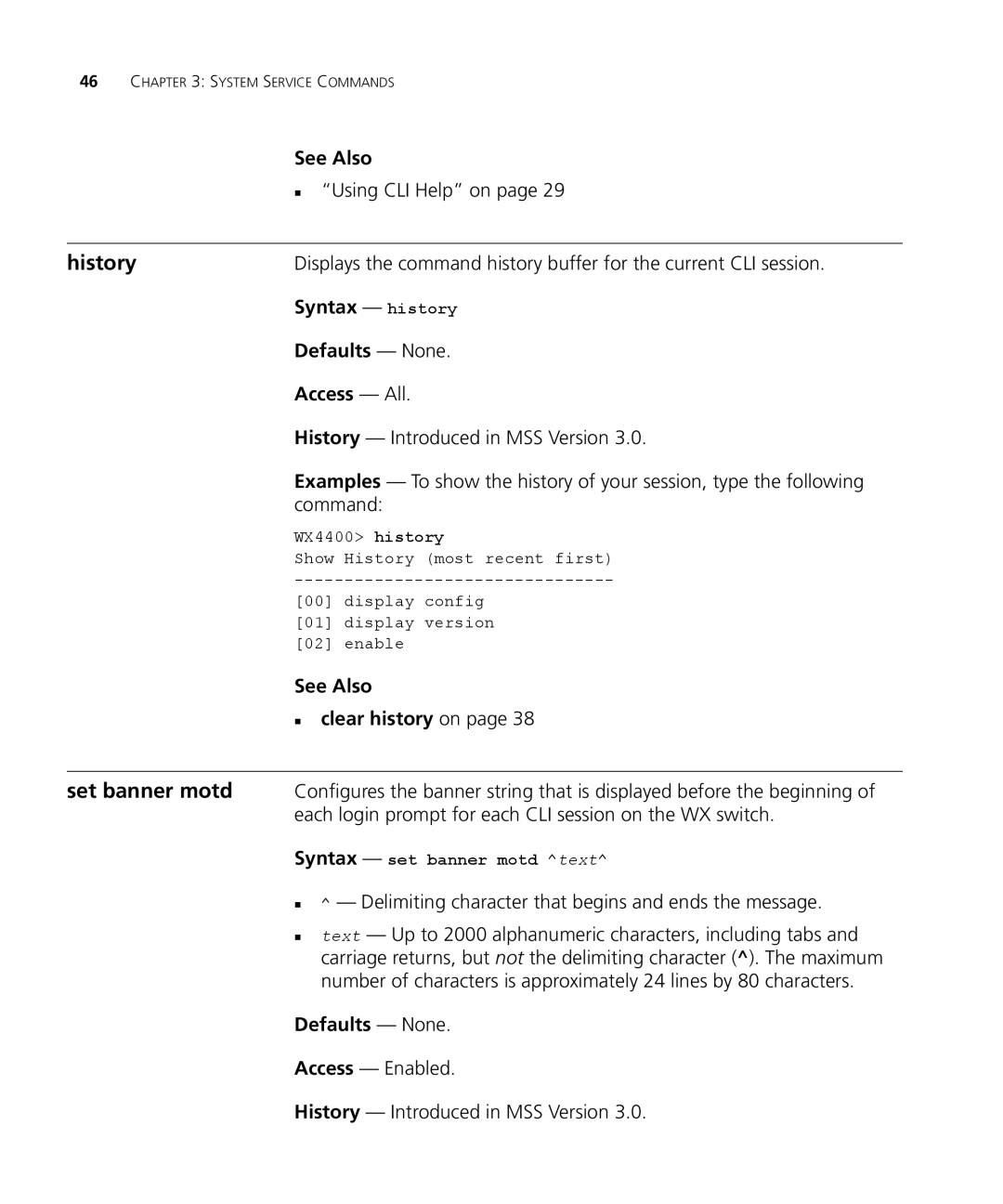 3Com 3CRWX440095A, 3CRWX120695A manual History, Syntax history, See Also „ clear history on 