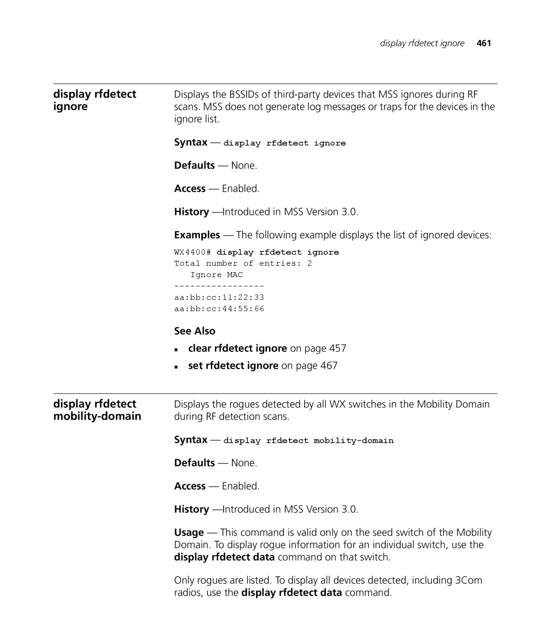 3Com 3CRWX120695A, 3CRWX440095A manual Ignore list, „ clear rfdetect ignore on, During RF detection scans 