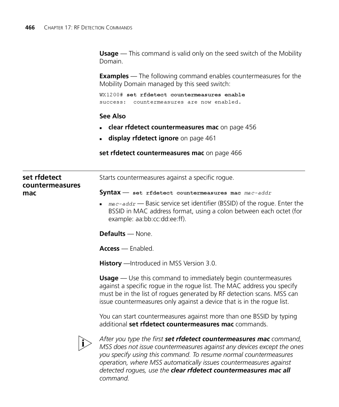 3Com 3CRWX440095A, 3CRWX120695A manual Set rfdetect countermeasures mac, Starts countermeasures against a specific rogue 