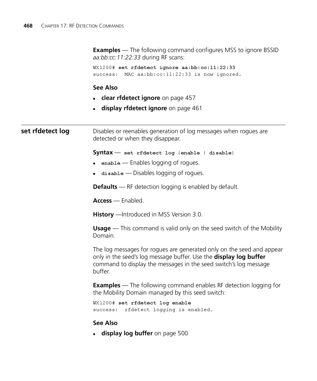 3Com 3CRWX440095A, 3CRWX120695A manual Set rfdetect log, Detected or when they disappear, See Also „ display log buffer on 