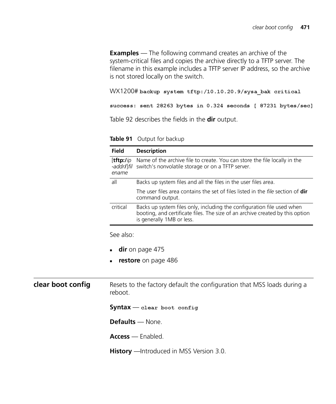 3Com 3CRWX120695A, 3CRWX440095A manual Describes the fields in the dir output, Output for backup, Syntax clear boot config 