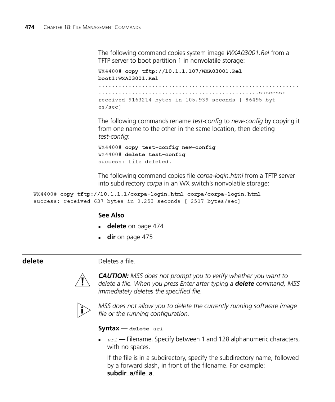 3Com 3CRWX440095A Delete, Immediately deletes the specified file, File or the running configuration, Syntax delete url 