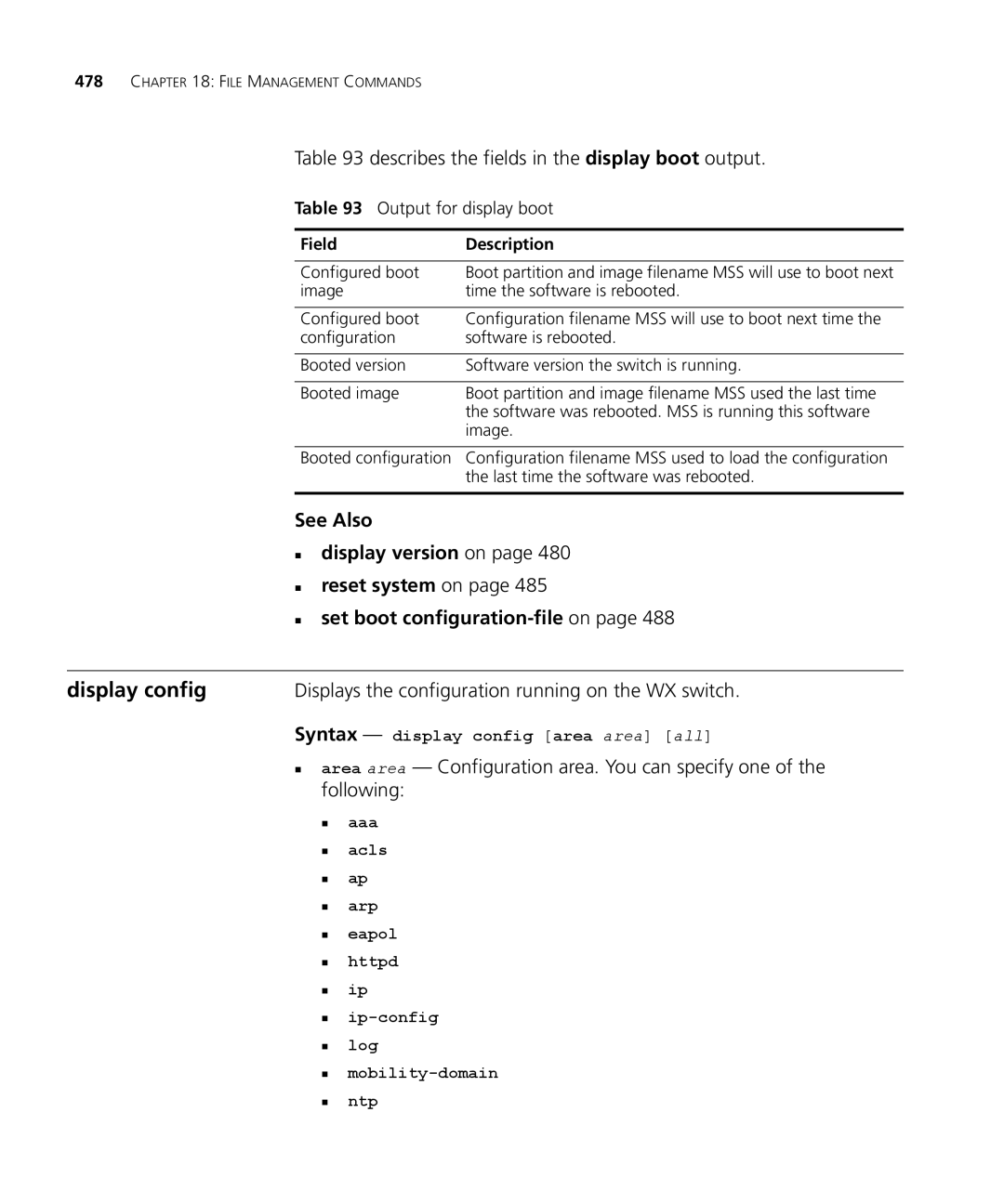 3Com 3CRWX440095A, 3CRWX120695A Display config, Describes the fields in the display boot output, Output for display boot 