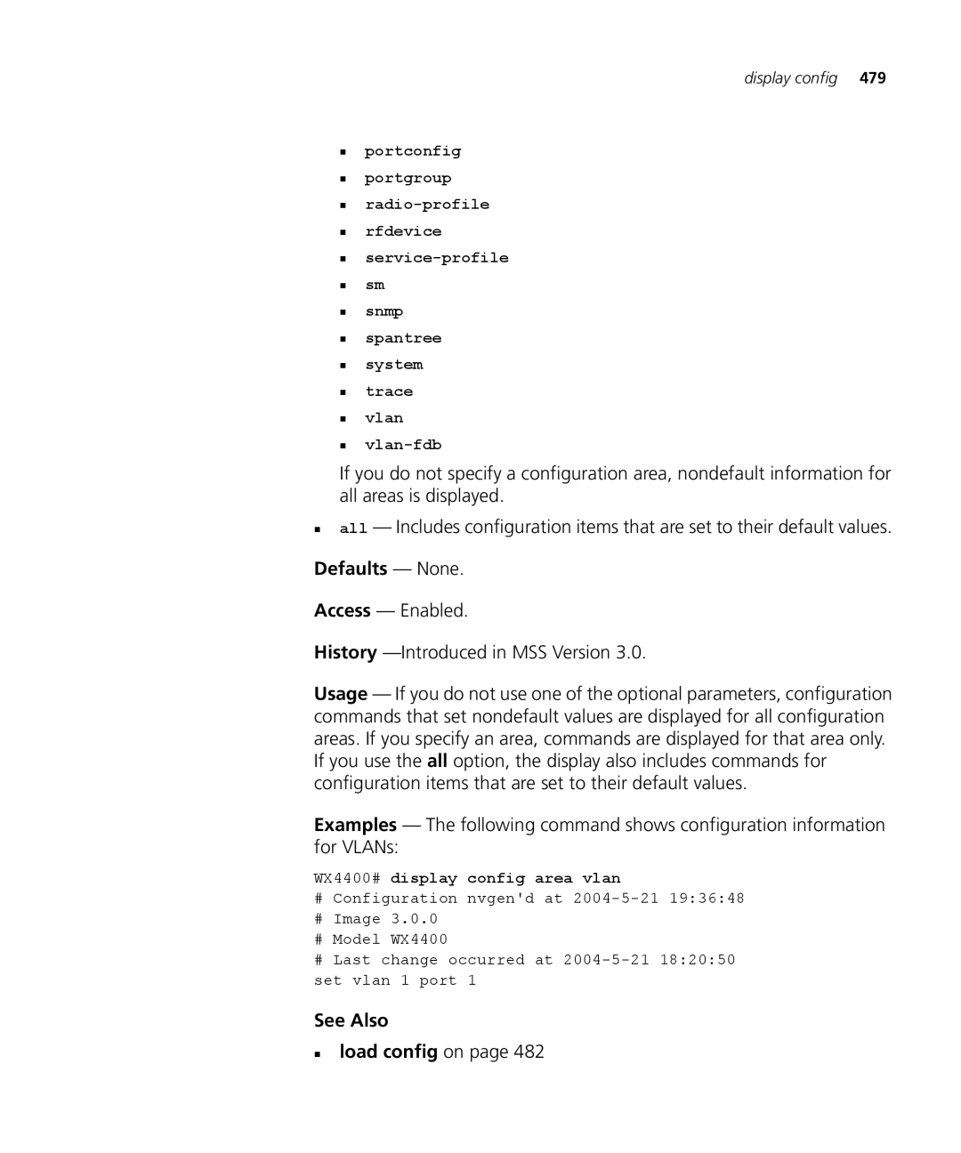 3Com 3CRWX120695A, 3CRWX440095A manual See Also „ load config on, WX4400# display config area vlan 