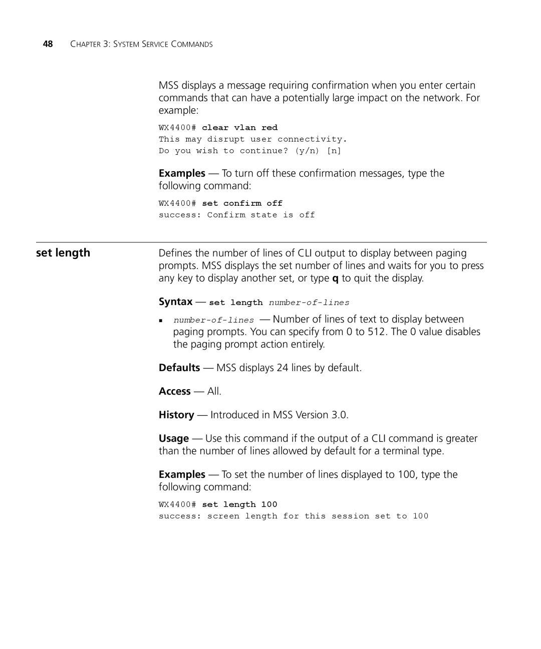 3Com 3CRWX440095A, 3CRWX120695A Set length, Examples To turn off these confirmation messages, type, WX4400# clear vlan red 