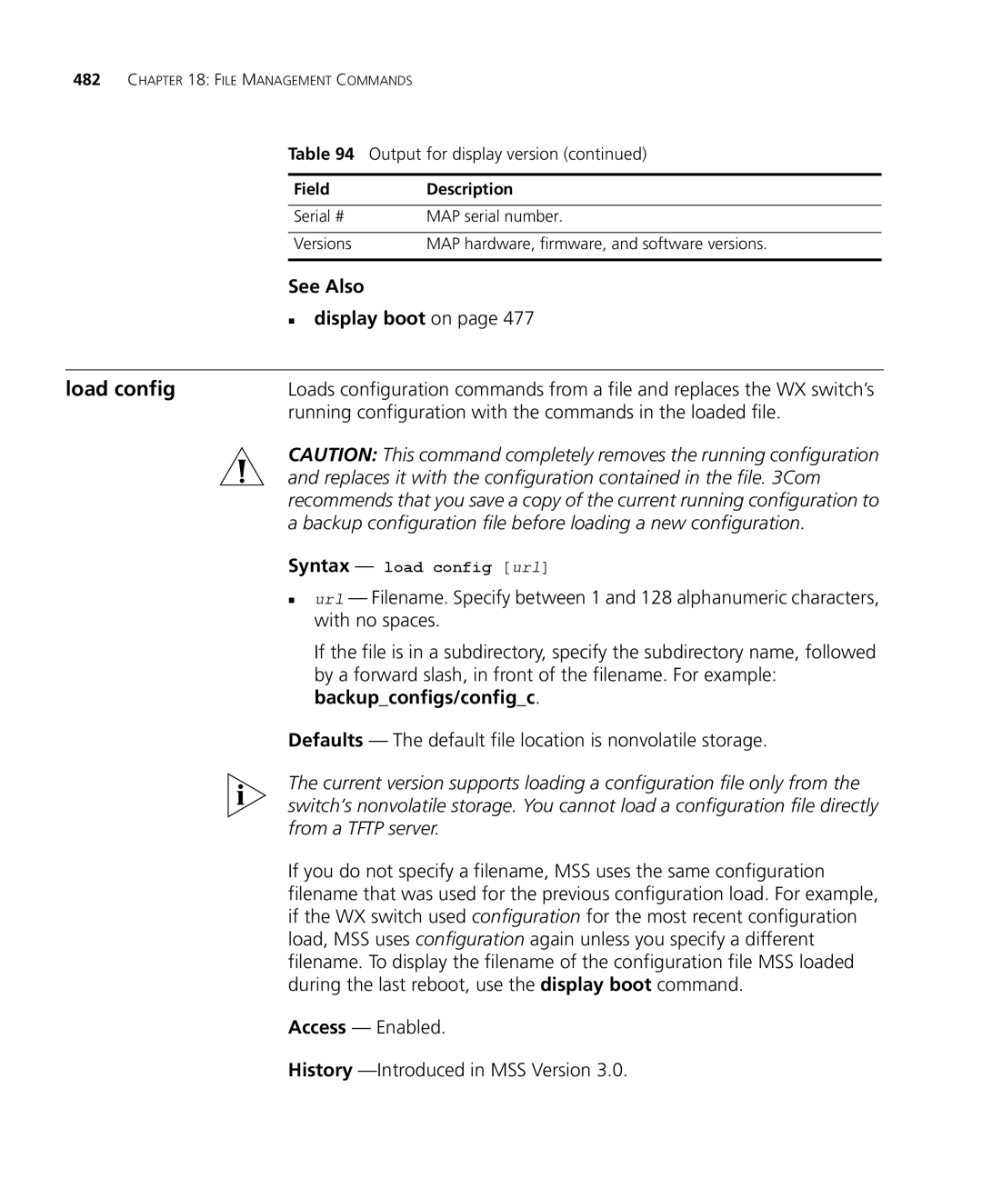 3Com 3CRWX440095A manual Load config, Running configuration with the commands in the loaded file, Syntax load config url 