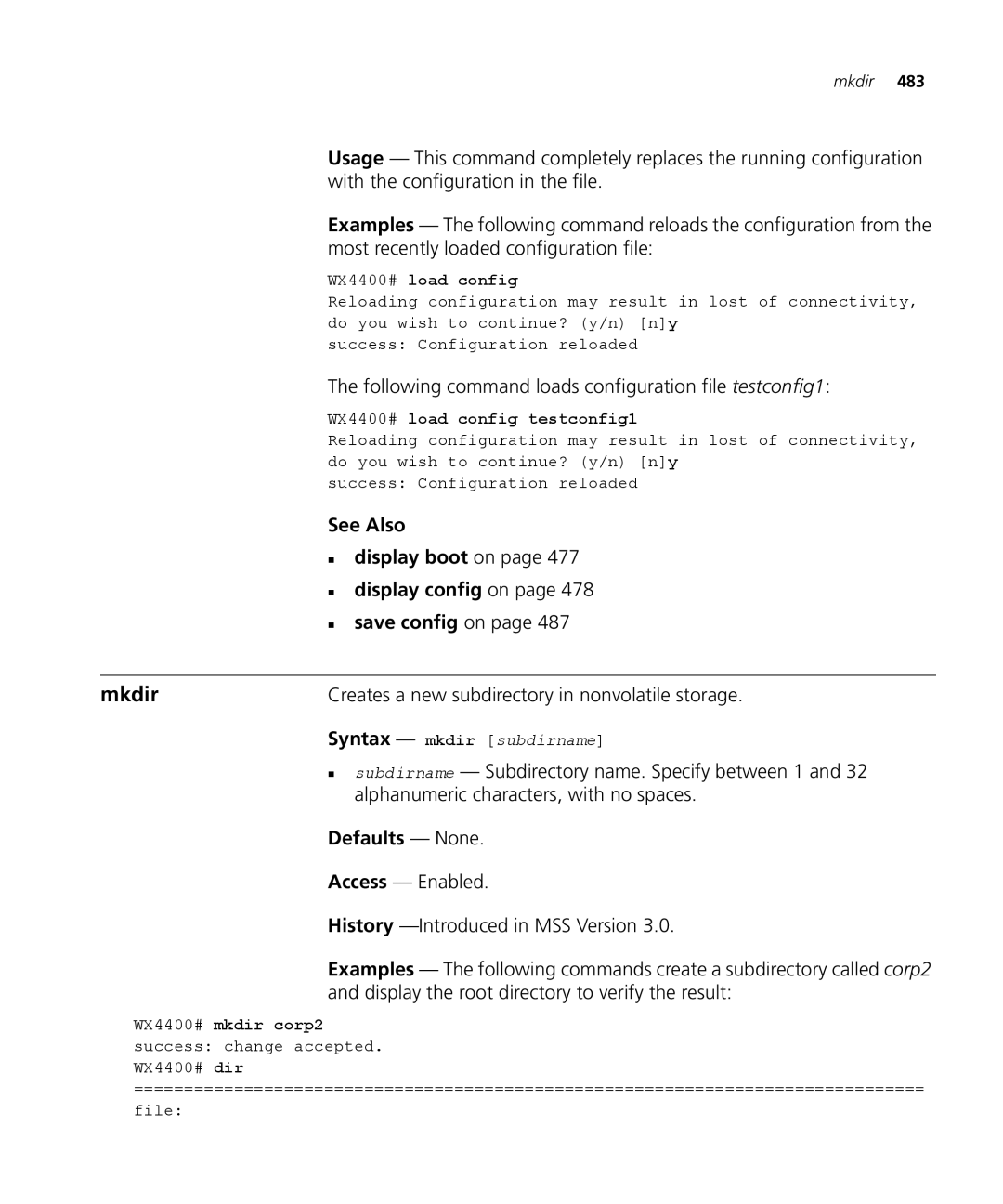 3Com 3CRWX120695A, 3CRWX440095A manual Mkdir, Following command loads configuration file testconfig1 