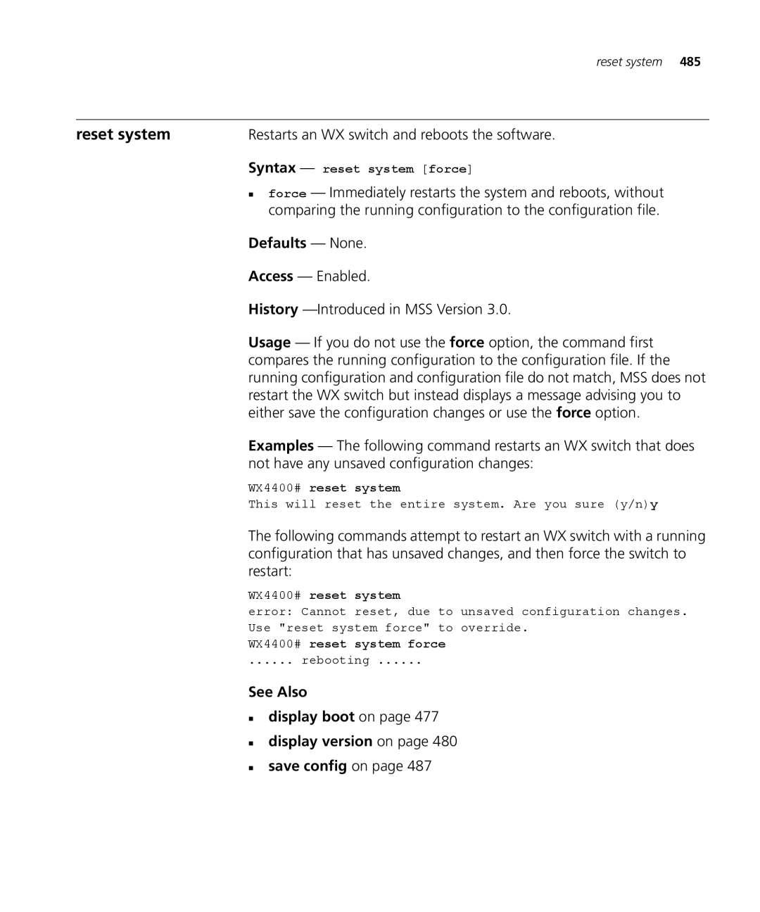 3Com 3CRWX120695A, 3CRWX440095A Reset system, Restarts an WX switch and reboots the software, Syntax reset system force 