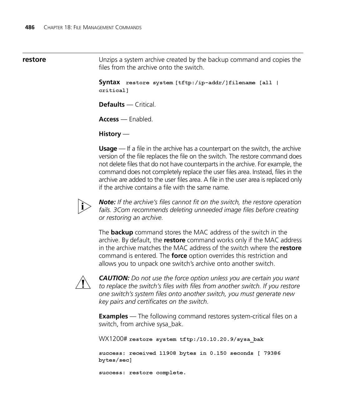 3Com 3CRWX440095A, 3CRWX120695A manual Restore, Or restoring an archive, Key pairs and certificates on the switch 