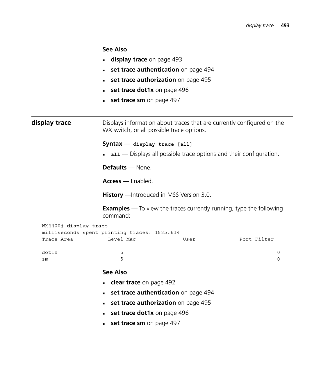 3Com 3CRWX120695A Display trace, WX switch, or all possible trace options, Syntax display trace all, WX4400# display trace 