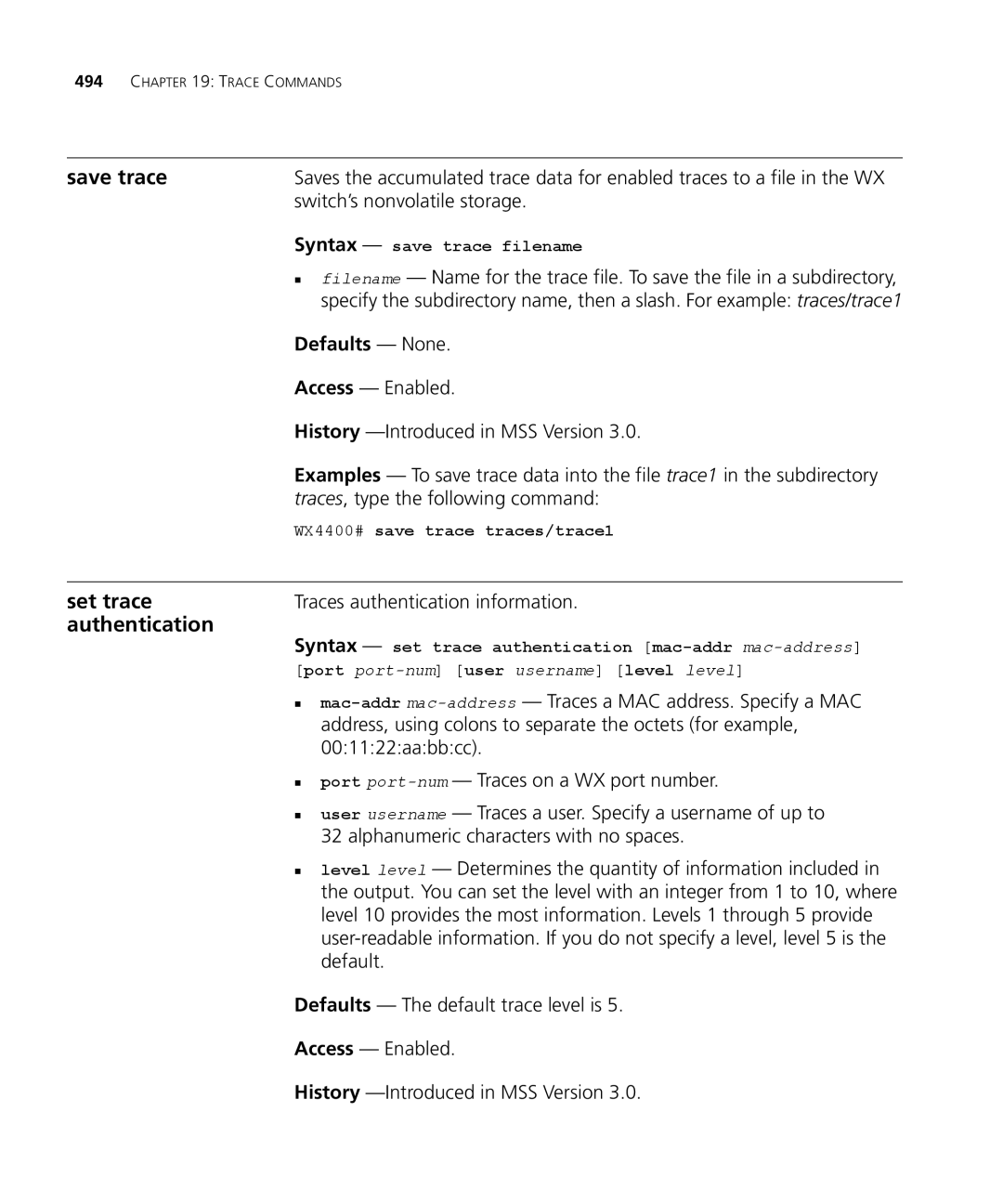 3Com 3CRWX440095A, 3CRWX120695A manual Save trace, Set trace, Authentication 