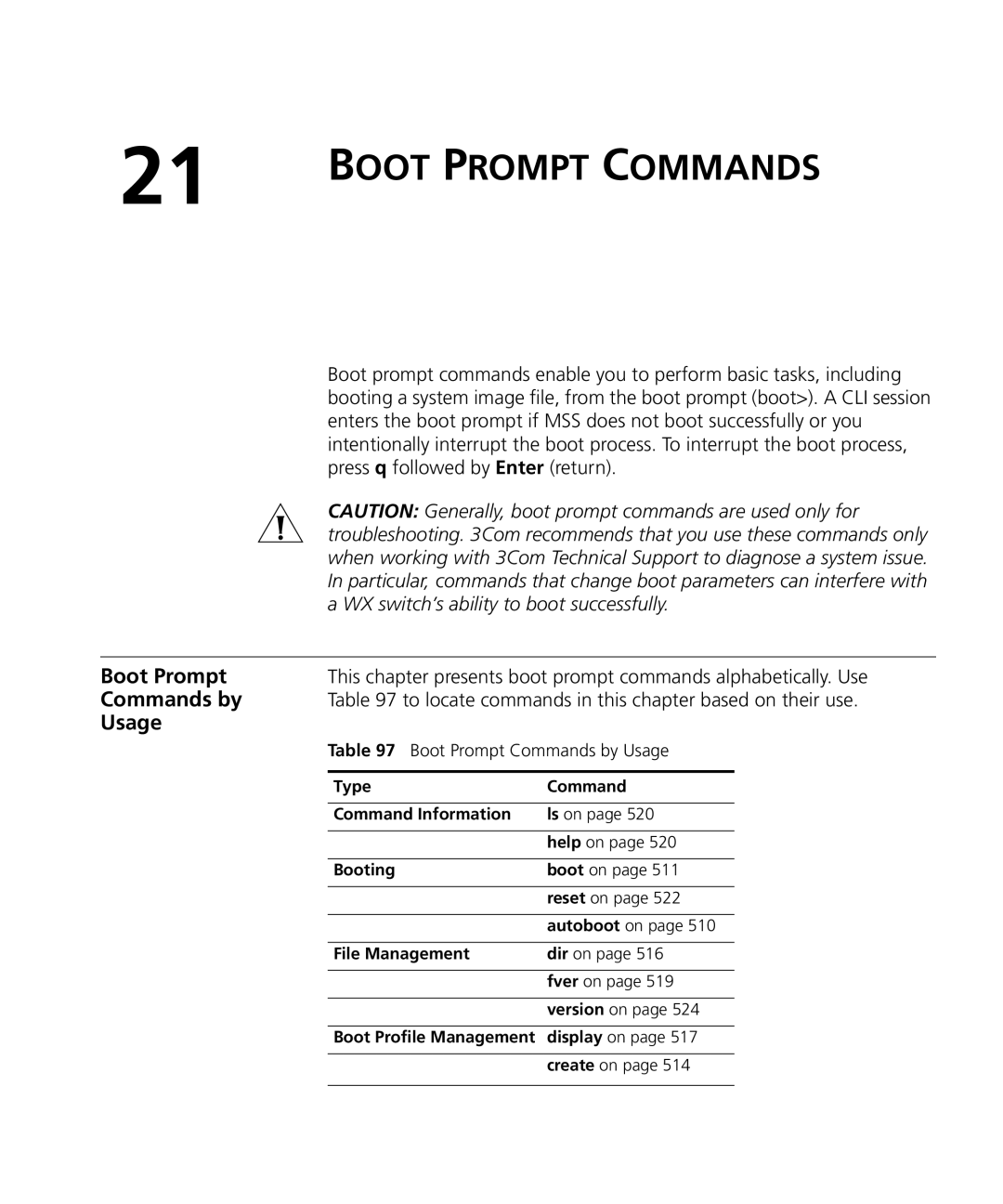 3Com 3CRWX120695A, 3CRWX440095A manual Boot Prompt Commands 