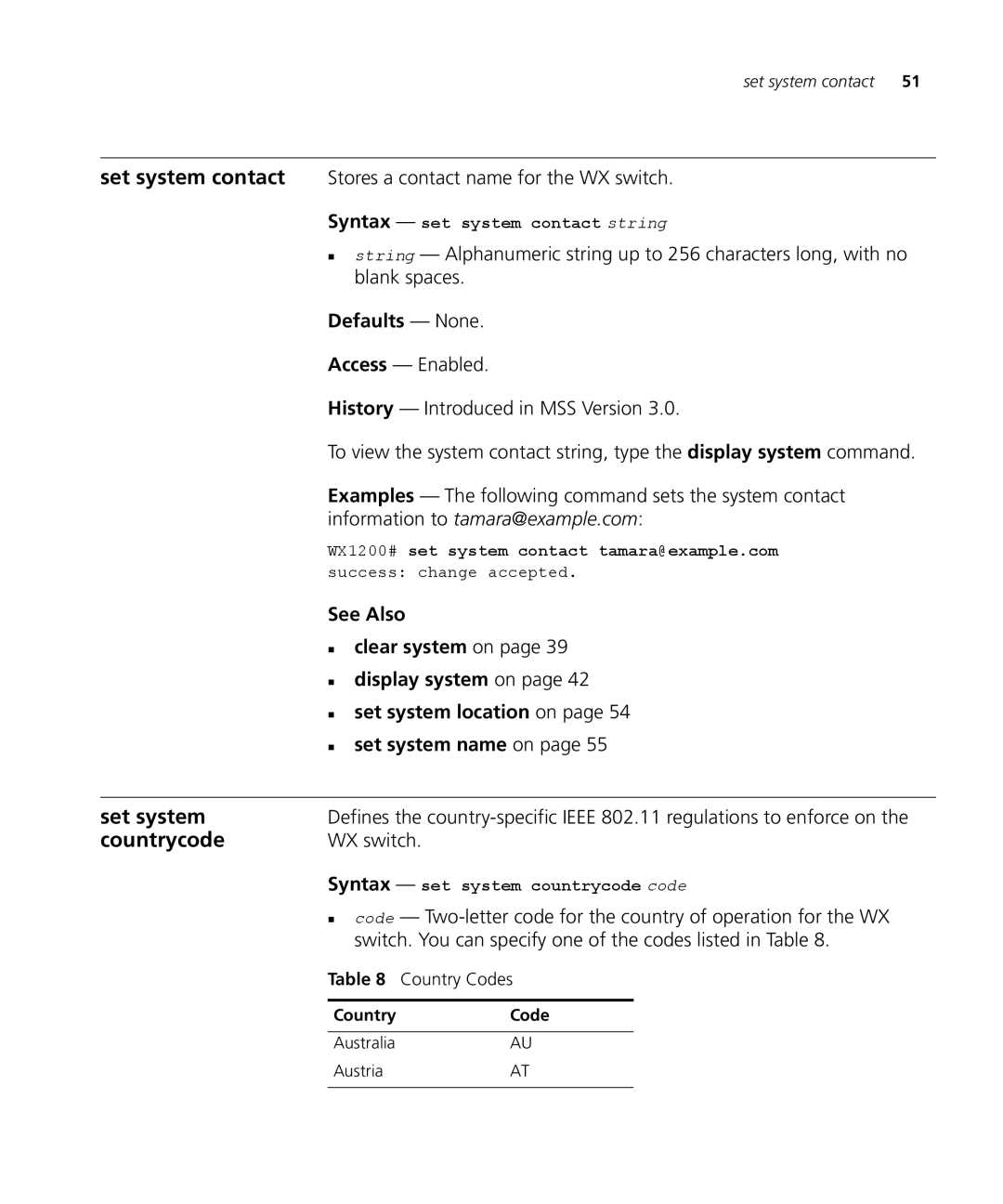 3Com 3CRWX120695A, 3CRWX440095A manual Countrycode, Set system contact Stores a contact name for the WX switch 