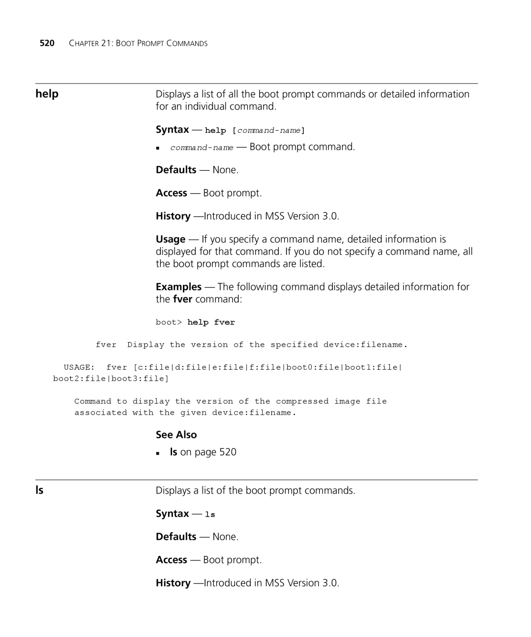 3Com 3CRWX440095A, 3CRWX120695A manual For an individual command, „ command-name- Boot prompt command, „ ls on, Syntax ls 