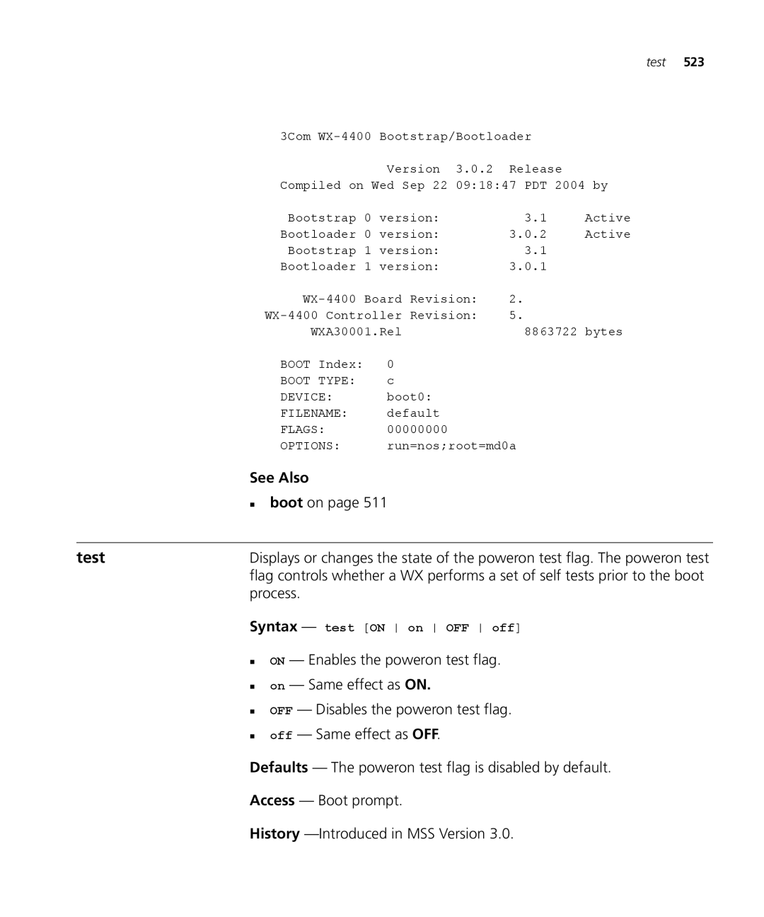 3Com 3CRWX120695A, 3CRWX440095A Test, Process, „ on Enables the poweron test flag, „ OFF Disables the poweron test flag 