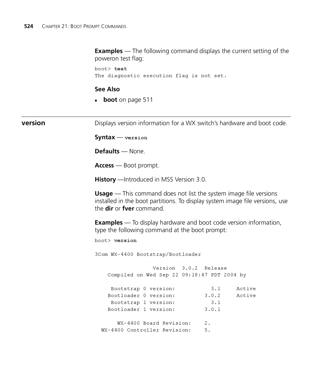 3Com 3CRWX440095A, 3CRWX120695A manual Version, Syntax version Defaults None, Dir or fver command, Boot version 