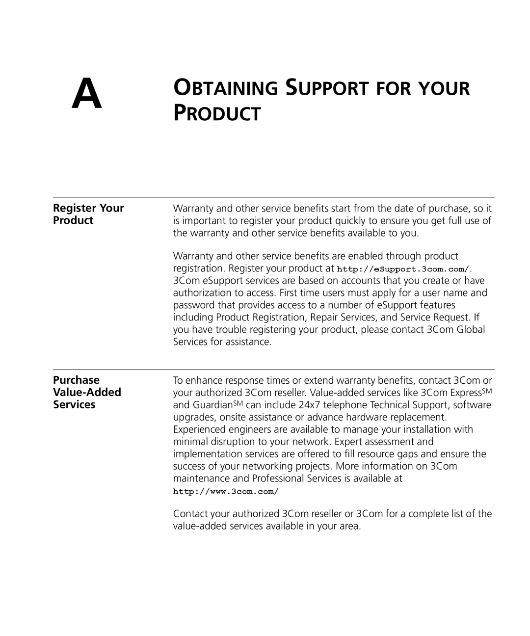 3Com 3CRWX120695A, 3CRWX440095A manual Register Your, Product, Purchase, Value-Added, Services 