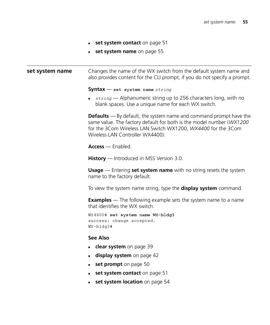 3Com 3CRWX120695A, 3CRWX440095A manual „ set system contact on „ set system name on, Syntax set system name string 