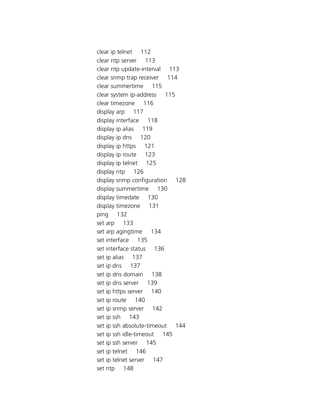 3Com 3CRWX440095A, 3CRWX120695A manual Ping 132 Set arp 133 Set arp agingtime 134, Set ip ssh 143, 144, Set ntp 148 