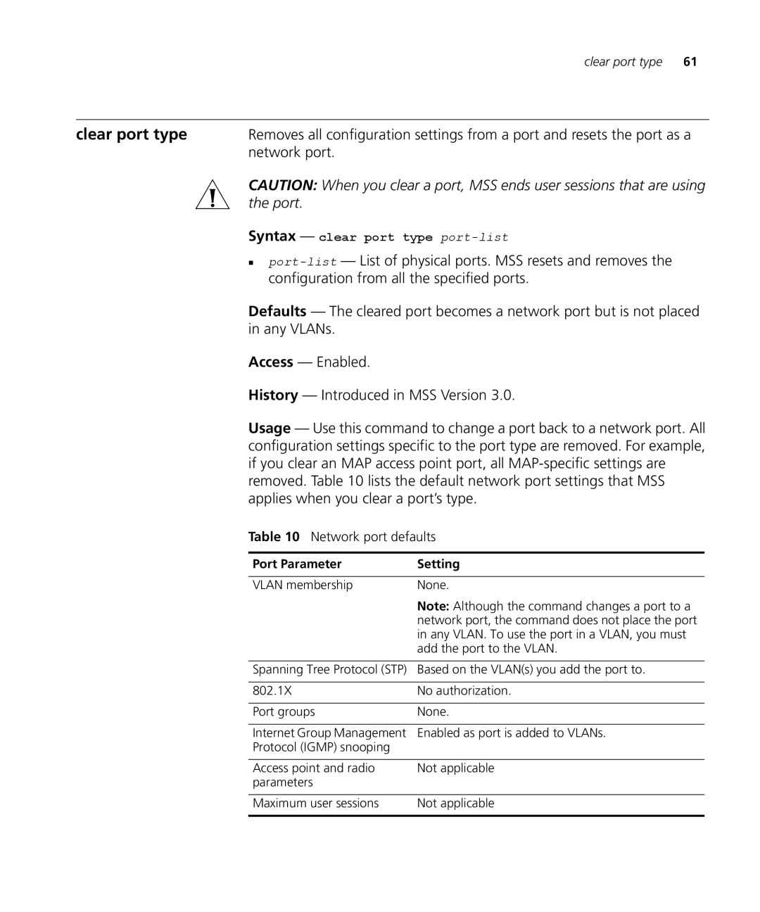 3Com 3CRWX120695A, 3CRWX440095A manual Clear port type, Port, Network port defaults, Syntax clear port type port-list 