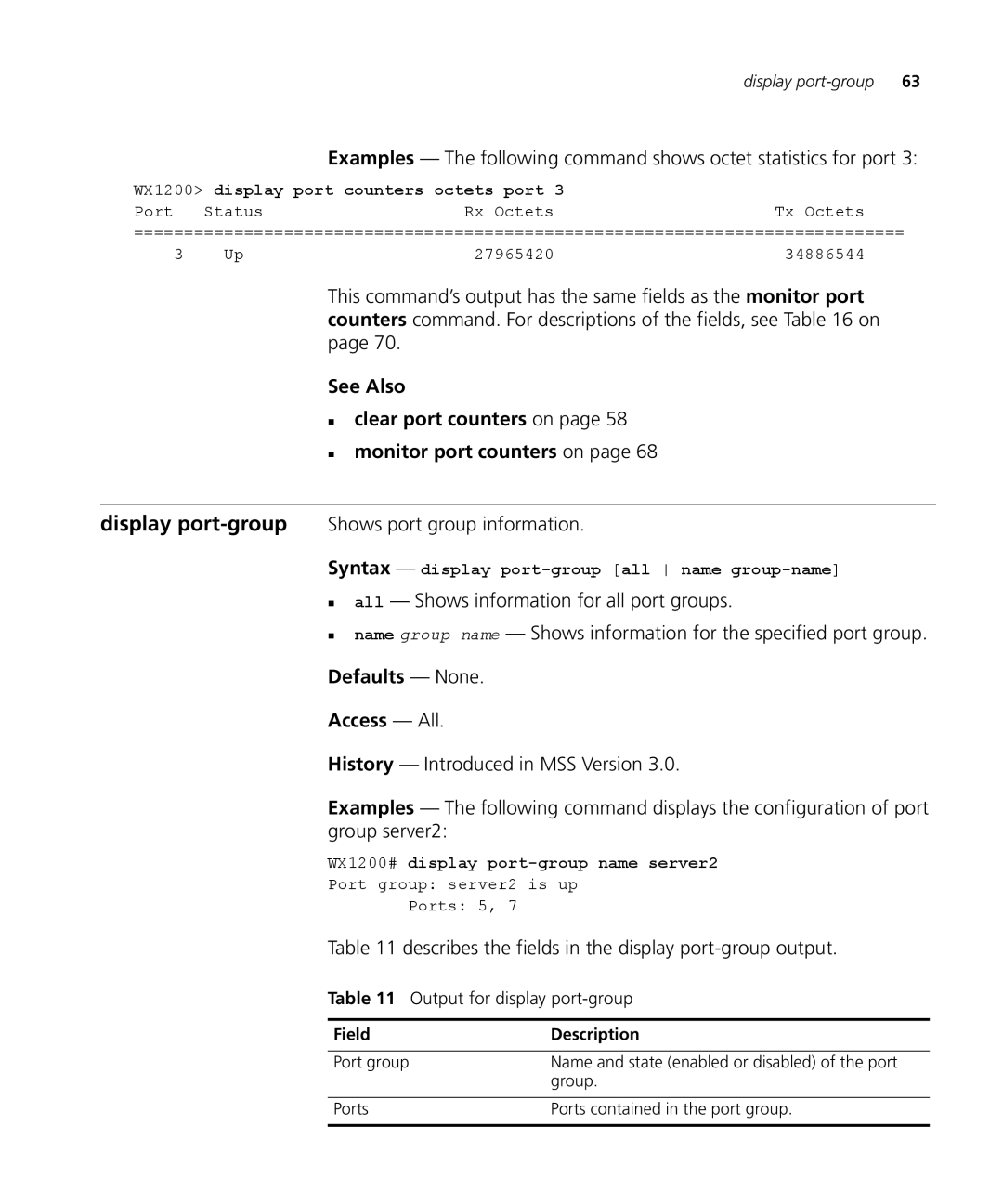 3Com 3CRWX120695A Display port-groupShows port group information, Describes the fields in the display port-group output 