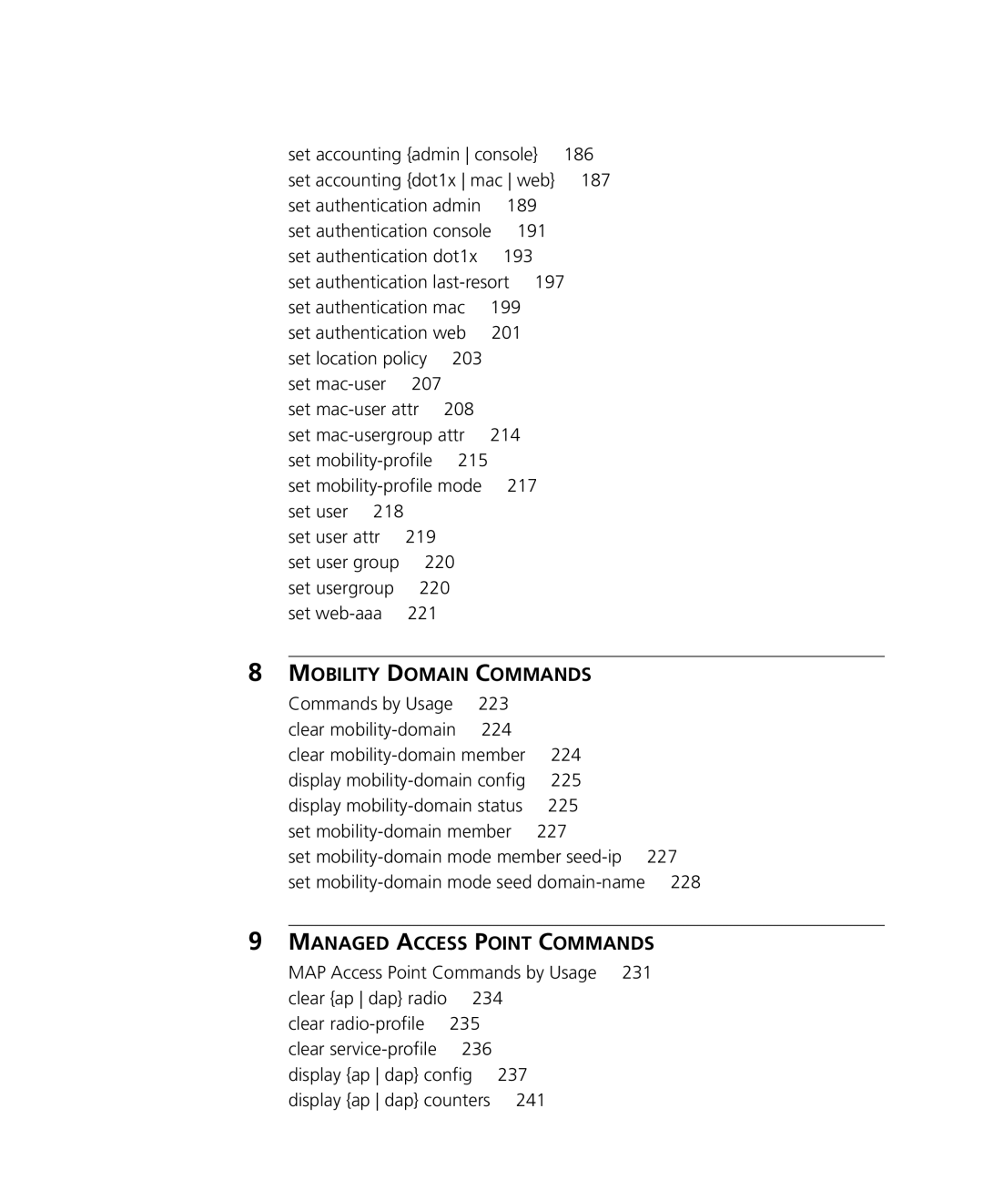 3Com 3CRWX440095A, 3CRWX120695A manual 228, MAP Access Point Commands by Usage, 234, 241 